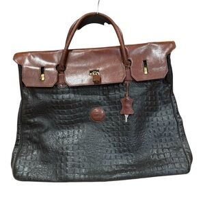 Rare Designer Brown and Black Croc Effect Leather Travel Bag with Lock and Key